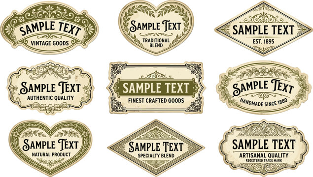 Vintage Product Label Vector Template Set with Decorative Filigree Frames and Distressed Ornate Borders for Artisanal Packaging and Retro Brand Identity Design