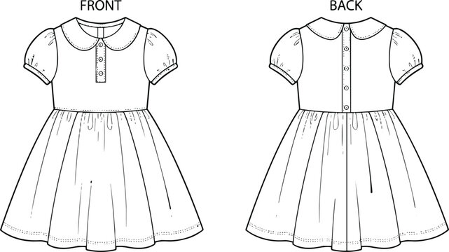 Toddler girl puff sleeve dress technical flat sketch front and back view vector illustration featuring peter pan collar template