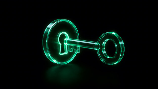 Glowing Green Key Unlocking a Circular Lock Symbolizing Digital Security and Access Control on a Black Background
