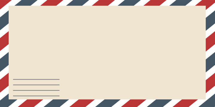 Vintage airmail postcard back template with diagonal blue and red stripe. Travel post card blank backside. Air mail envelope frame with postage place. Vector illustration isolated on white