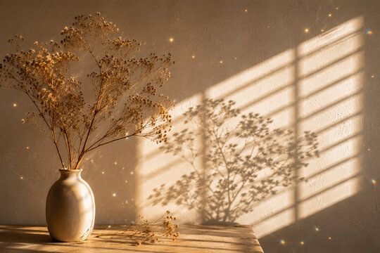 Luxury Minimal Beige Wall Background with Dried Botanical Arrangement and Golden Light