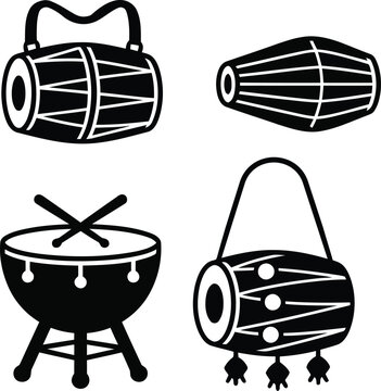 Collection of four black and white representing traditional Indian drums and percussion instruments dhol