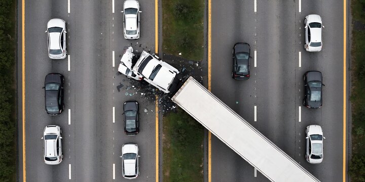Aerial View Of A Jackknifed Semi Truck Accident On A Multi Lane Divided Highway With Scattered Debris And A Crushed Car Amid A Major Traffic Jam With Rows Of Backed Up Cars