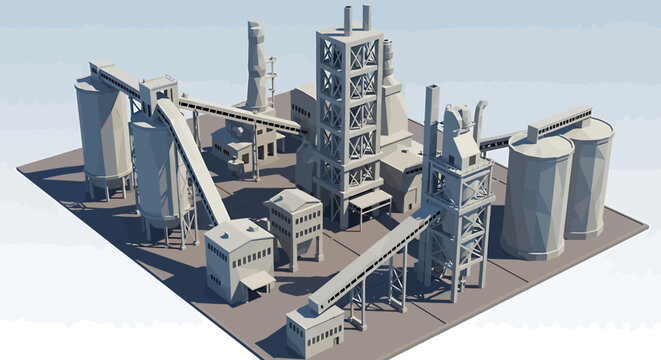 Three dimensional rendering of an industrial cement factory plant with silos and conveyor belts.
