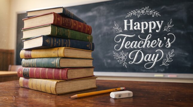 Happy teachers day stack of books with chalkboard greeting card