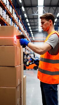 Warehouse worker scans cardboard boxes with a barcode reader