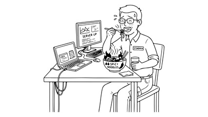 Fototapeta premium sysadmin eating spicy noodles at desk while monitoring server alerts and logs, simple sysadmin eating noodles illustration on white background