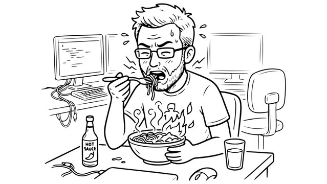 office programmer eats spicy ramen noodles at desk while sweating over computer code, line art on white background