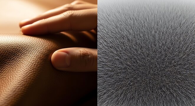 A split image showing a human hand gently touching skin on the left and a magnified view of hair follicles on the right.