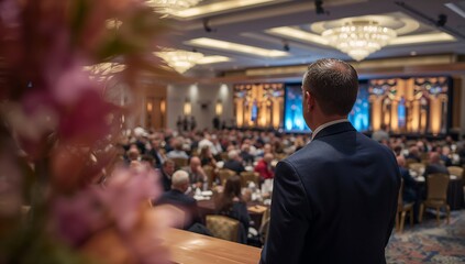 Fototapeta premium Generative AI captures a formal business conference with an attentive speaker