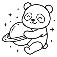 Cute panda bear hugging saturn planet with twinkling stars vector coloring page. © MdNoor
