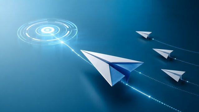 A leading paper airplane navigates a clear digital path towards a glowing circular target, demonstrating strategic vision and success.