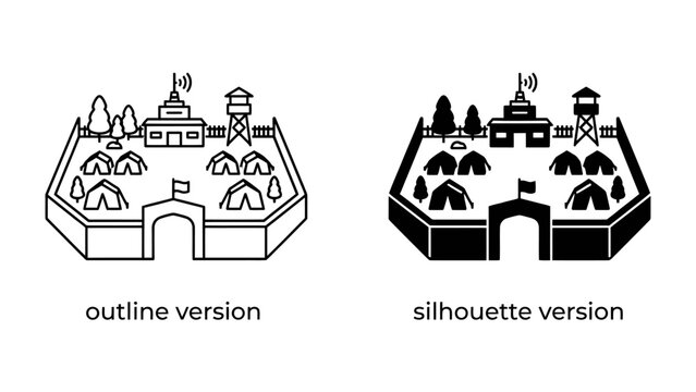 Fortress Camp and Military Outpost Illustration: Two isometric illustrations, one in outline and one in silhouette, depict a fortified military camp or outpost with tents, buildings, watchtowers.