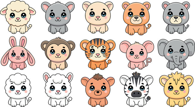 Vector set of cute cartoon baby animals including tiger elephant zebra monkey isolated on white background character pack