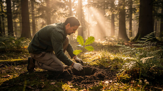 Man planting a young oak tree seedling in a sunlit forest floor, concept for environmentalism, conservation and sustainability awareness