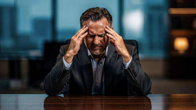 Middle-aged businessman with hands on temples, showing stress and contemplation in office, ideal for corporate communication, mental health campaigns and executive portraits