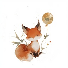 Fototapeta premium Cute fox with a patterned balloon in watercolor style. Charming woodland animal illustration for children nursery art, kids greeting card, sticker design, and decorative print.