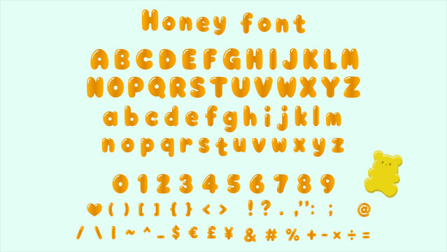 Glossy honey alphabet set with letters, numbers and symbols, cute orange bubble lettering with gummy bear, sweet cartoon style vector