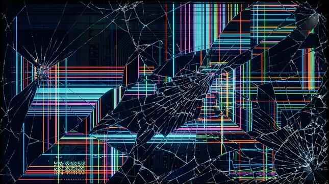 Broken LCD screen texture with colorful neon pixel line grids