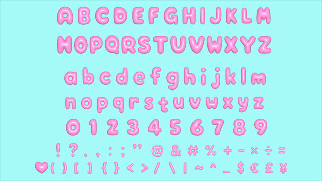 Pink inflated balloon alphabet with letters, numbers and symbols, glossy 3D bubble lettering set, y2k style vector illustration