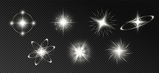 Collection of glowing light effects with stars, orbits, swirls and abstract optical elements. © Artem Kabushka