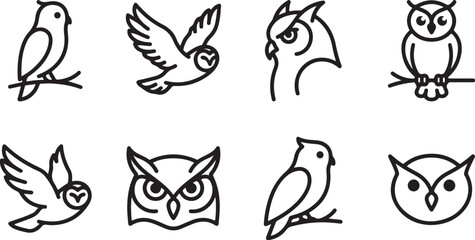 Fototapeta premium Set of eight stylized bird icons featuring owls and pigeons