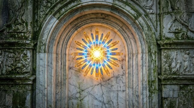 Majestic archway into galaxies concept. A vibrant stained glass window amidst ornate stone architecture.