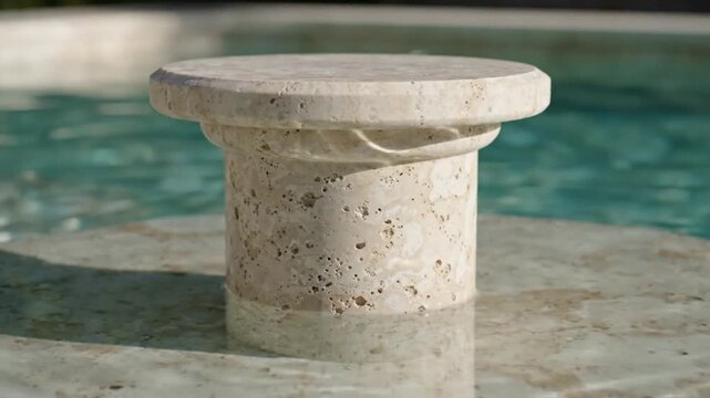 Travertine Stone Pedestal in Rippling Pool Water