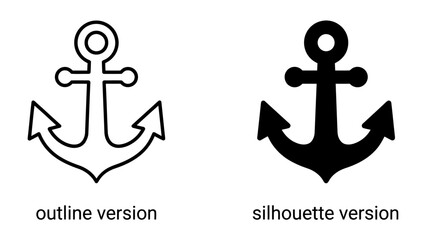 Anchor Icon Duo: A side-by-side comparison of an anchor icon, showcasing both a clean outline version and a bold silhouette version, perfect for nautical or maritime themes. © Hussain