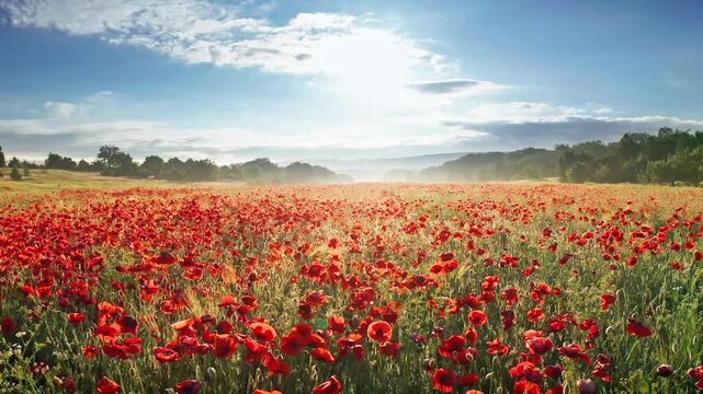 Scenic aerial view of a drone flying slowly forward over a beautiful blooming red poppy field at sunrise. Cinematic agriculture landscape footage under a blue sky for summer travel and nature video