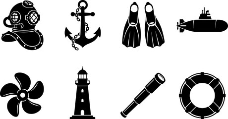 Black silhouette icons depicting nautical equipment and diving gear on a white background anchor aquatic buoy exploration fins helm lighthouse marine maritime metal navy ocean © RONY CHANDRA ROY