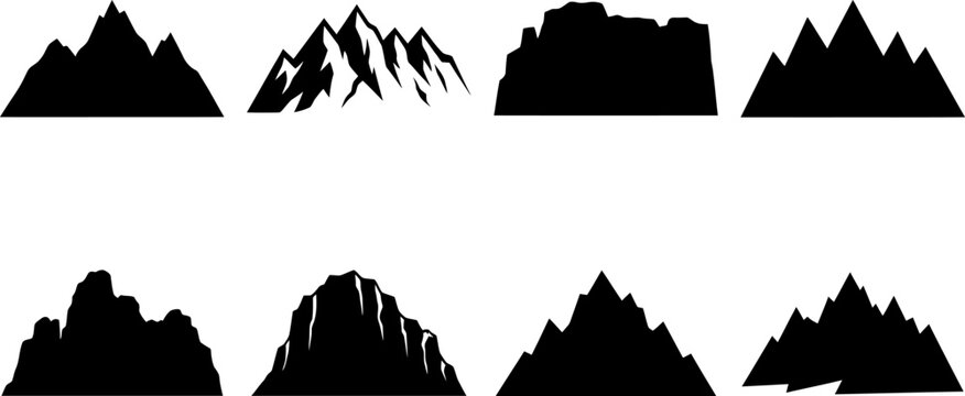 Mountain silhouettes on a white background a collection of black vector shapes alpine ascent cliff contour elevation form geology graphic height hill illustration landform landscape