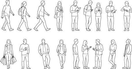 Obraz premium Business People Outline Collection with Walking Standing Communication and Everyday Professional Lifestyle Line Art Vector Characters