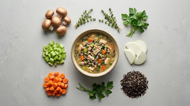 A top-down view of a comforting homemade chicken wild rice soup in a bowl surrounded by fresh ingredients like mushrooms, carrots, celery, and herbs