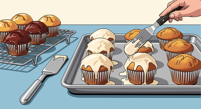 Hand glazing freshly baked muffins on a baking sheet in a kitchen illustration.