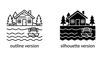 Fototapeta premium Cabin by the Lake: An illustration depicting a cozy cabin nestled amongst pine trees on the shore of a serene lake, with a small rowboat docked nearby. Represents a peaceful retreat into nature.