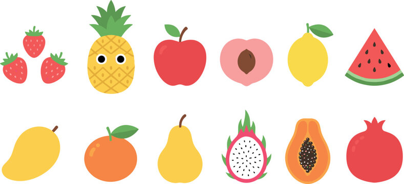 Colorful flat tropical fruit vector icon set featuring cute strawberry pineapple apple peach lemon watermelon mango orange pear dragon fruit papaya pomegranate