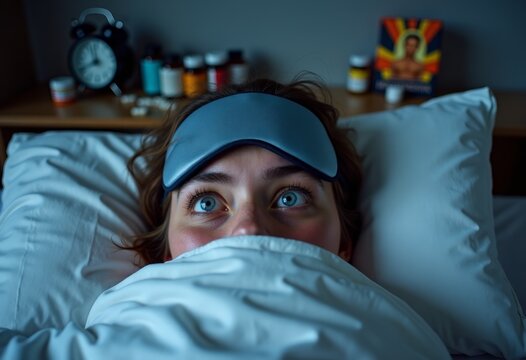 Woman with blue eyes wearing sleep mask lies in bed, looking up at ceiling, surrounded by white bedding and a bedside table with alarm clock and medication bottles