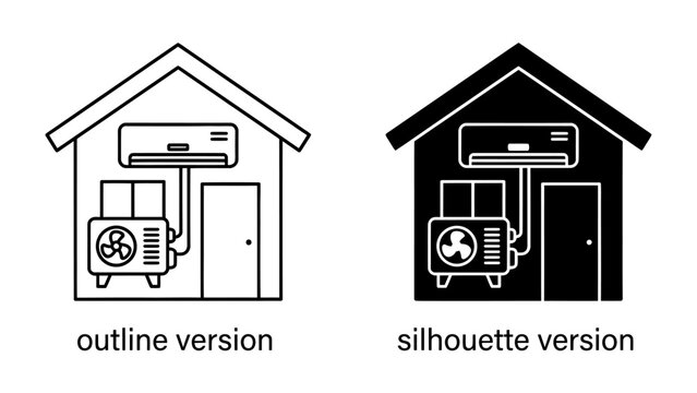 Air Conditioning System Icons: A graphic representation comparing the outline and silhouette versions of an air conditioning unit installed in a house, showcasing the indoor and outdoor components.