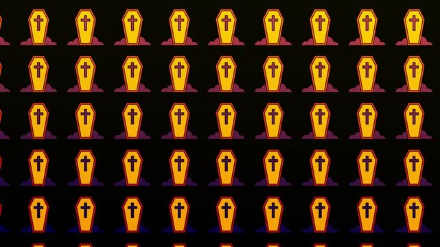 Abstract Digital Background Featuring A Pattern Of Glowing Orange Coffin Shapes Each Decorated With A Bright White Religious Cross Symbol Arranged In A Symmetrical Repeating Grid On A Pitch Black Back