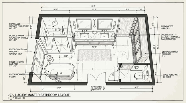 Detailed architectural layout of a luxury master bathroom