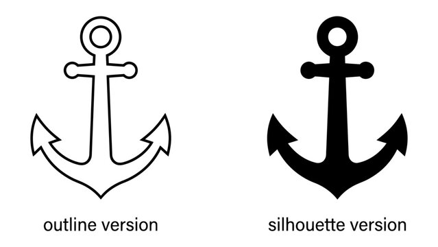Anchor Icon Set: A clean graphic collection featuring an anchor in both outline and silhouette styles, representing maritime themes and stability.