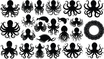 Giant Octopus and Kraken Silhouette Vector Icon Collection Set Featuring Marine Cephalopods, Sea Wildlife Creatures, and Circular Border Frames for Nautical Graphic Designs © Himel