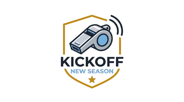 New season football kickoff logo with referee whistle and shield icon
