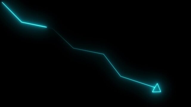 Glowing Blue neon downward graph with arrow indicating decline, loss, and negative trends on a Black background, perfect for conveying risk, crisis animation 4k video.