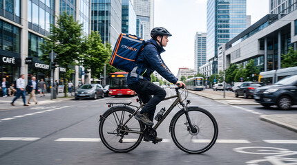 Obraz premium Delivery Courier Riding Bicycle Through Urban Street