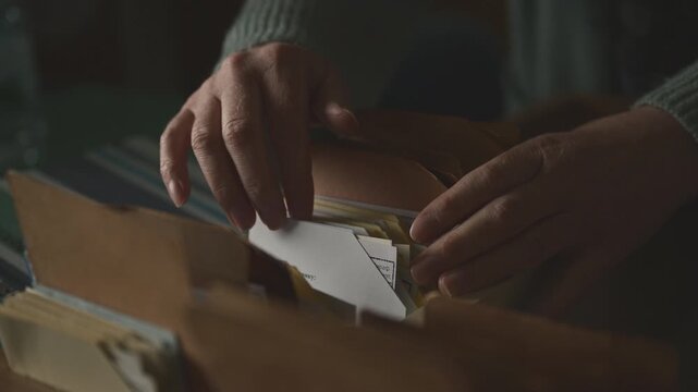 Close-up of female hands browsing old card catalog in rustic wooden crate, vintage research and archival concept, 4K slow mnotion