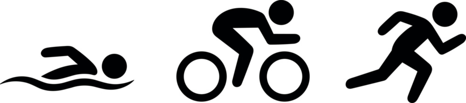 Set of triathlon black pictograms showing swimming cycling and running disciplines isolated on a plain white background