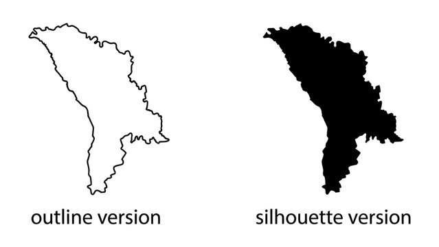 Moldova Map Outline and Silhouette: A clear outline and a solid black silhouette of the country of Moldova, perfect for geographical representation and design elements.
