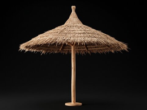 A thatched straw beach umbrella with a natural wooden pole isolated against a solid black background